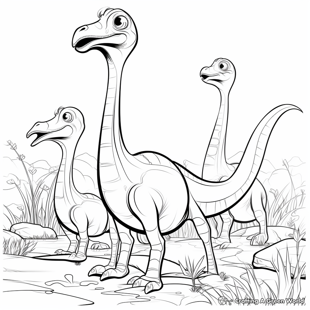 Coloring Pages Featuring Compysognathus with Other Dinosaurs 1