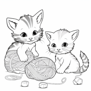 Coloring Pages of Kittens Playing with Yarn 1