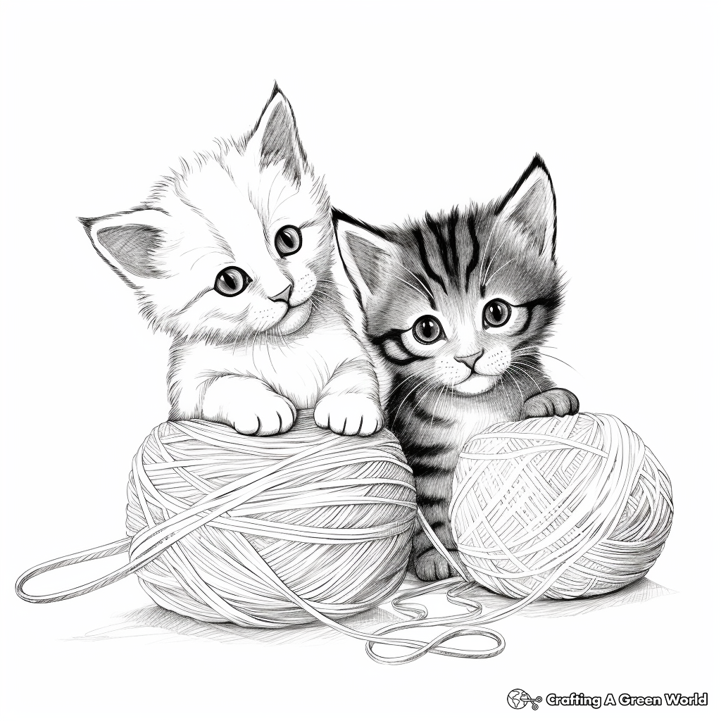 Coloring Pages of Kittens Playing with Yarn 2