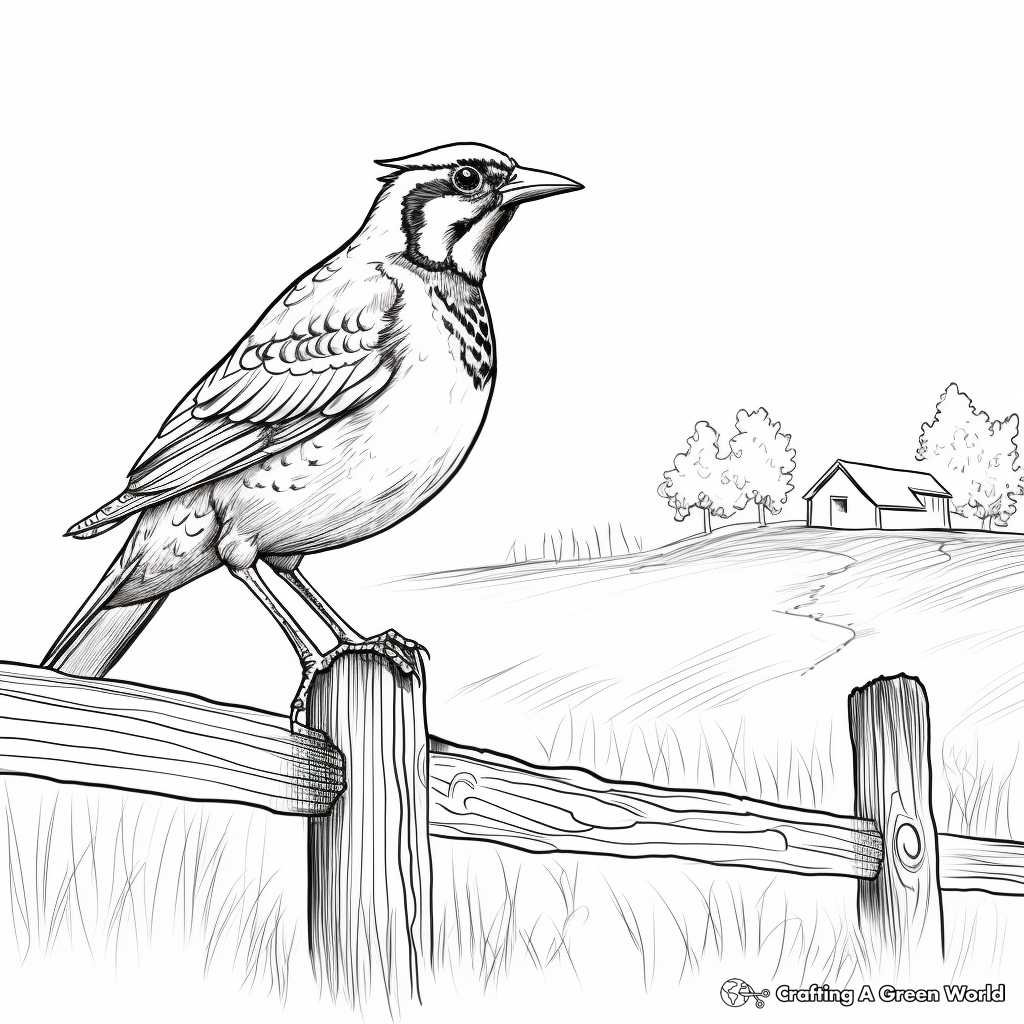 Coloring Pages of Western Meadowlark with Background Scenery 1