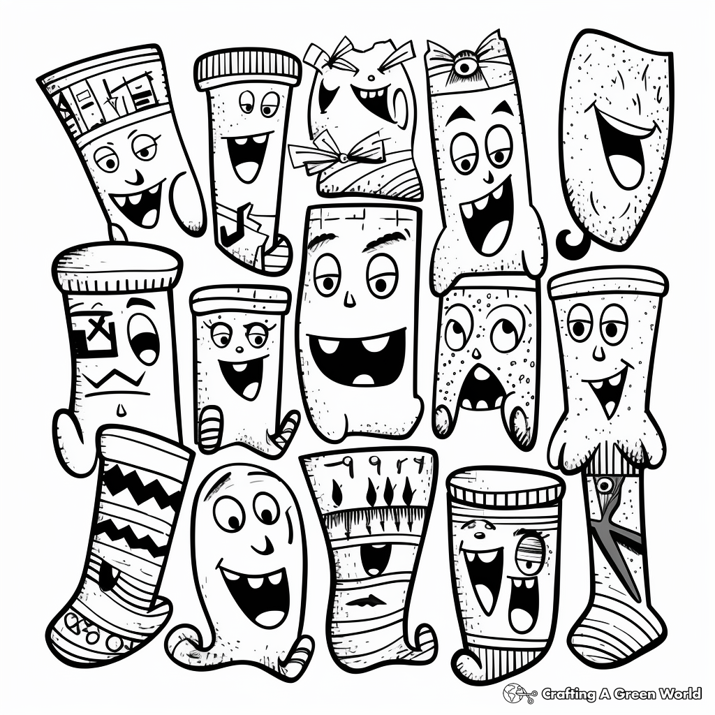 Comic-Inspired Silly Faces Socks Coloring Pages 1