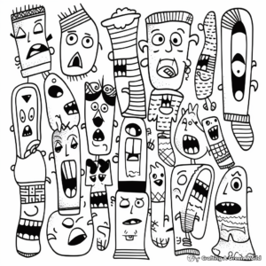 Comic-Inspired Silly Faces Socks Coloring Pages 2