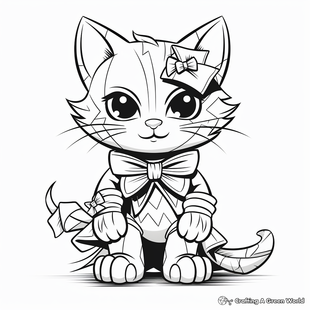 Comic-styled Superhero Cat with Bow Coloring Pages 4