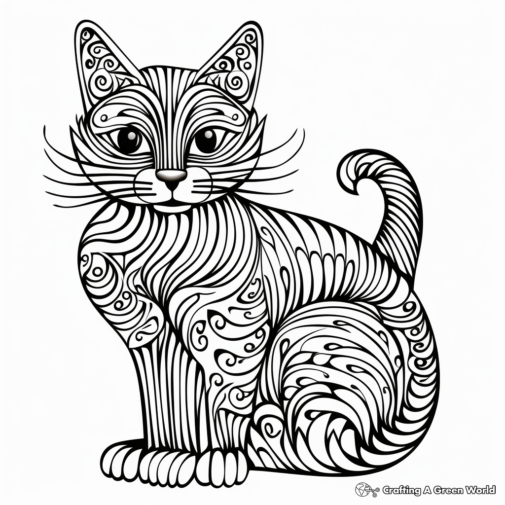 Complex Detailed Striped Cat Coloring Pages for Adults 1