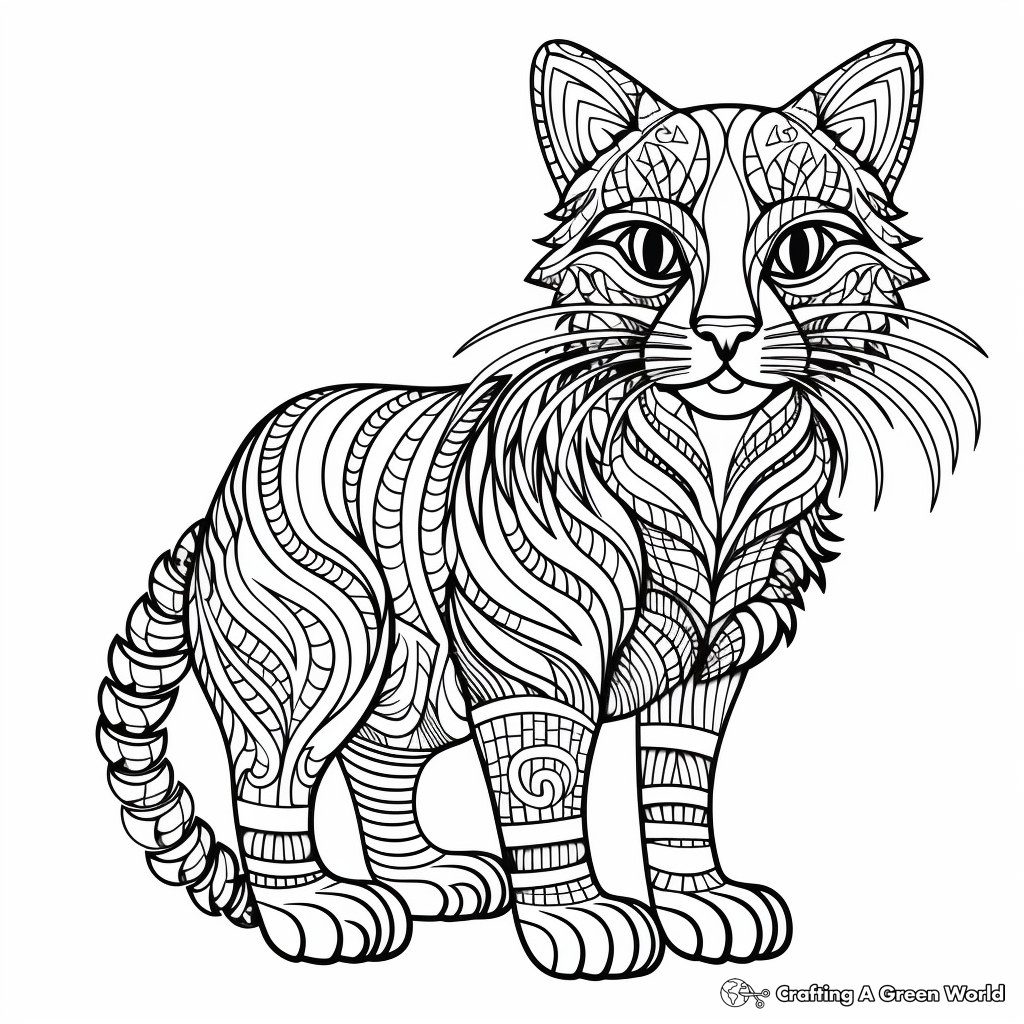 Complex Detailed Striped Cat Coloring Pages for Adults 3