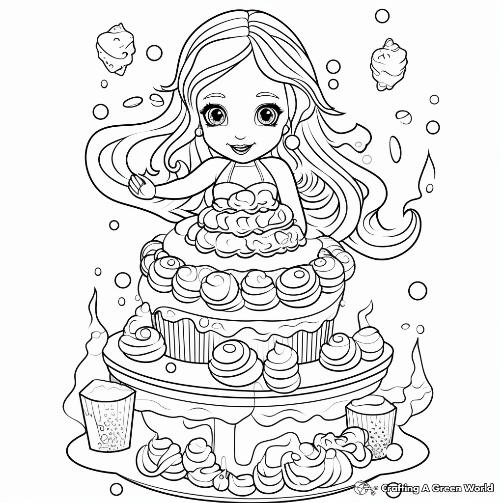Complex Sea-themed Mermaid Cake Coloring Pages 1