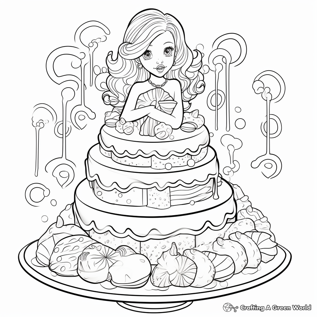 Complex Sea-themed Mermaid Cake Coloring Pages 2