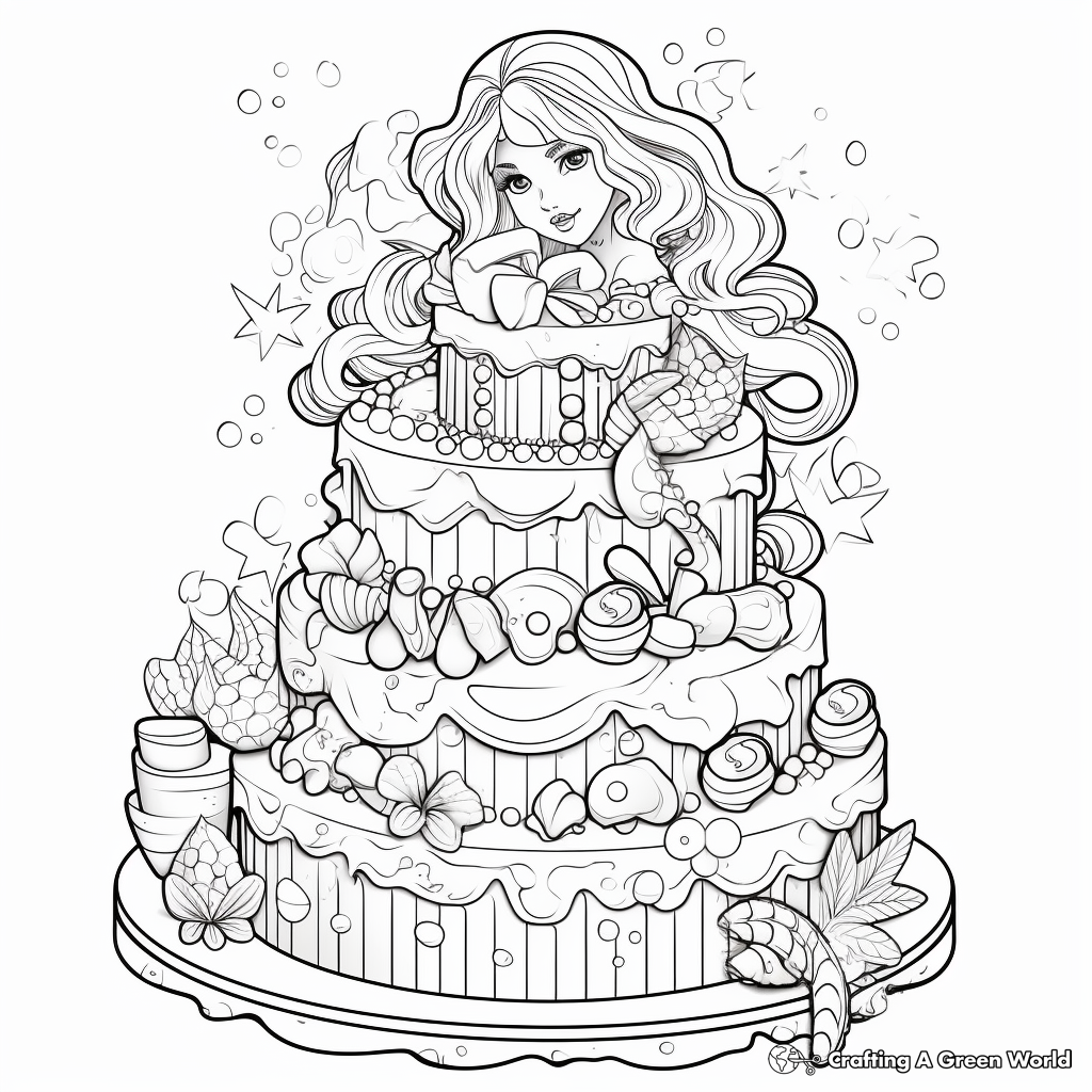 Complex Sea-themed Mermaid Cake Coloring Pages 3