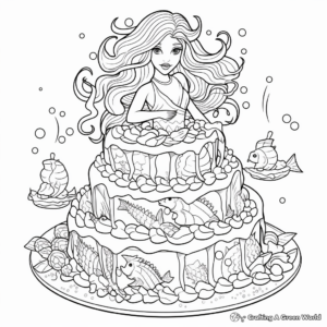 Complex Sea-themed Mermaid Cake Coloring Pages 4
