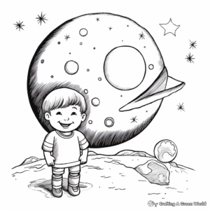 Cosmic Planets Revolving around Crescent Moon Coloring Pages 1