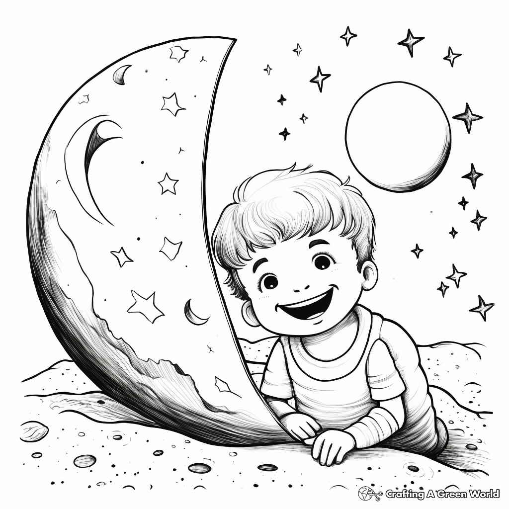 Cosmic Planets Revolving around Crescent Moon Coloring Pages 2