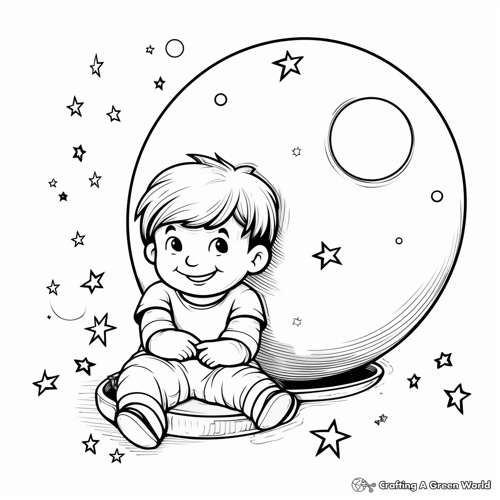 Cosmic Planets Revolving around Crescent Moon Coloring Pages 3