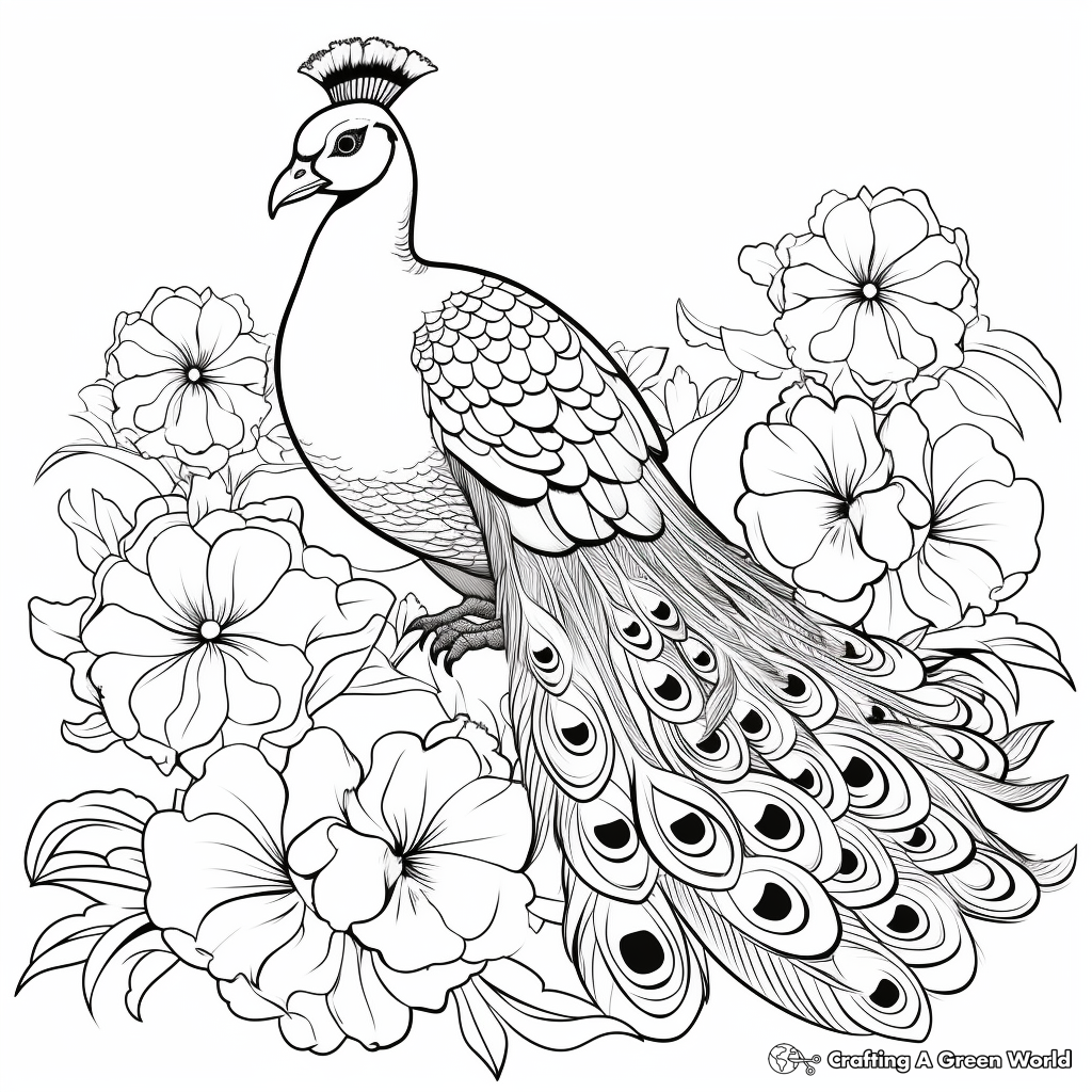 Country Style Peacock and Flowers Coloring Pages 1