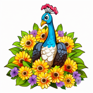 Country Style Peacock and Flowers Coloring Pages 2