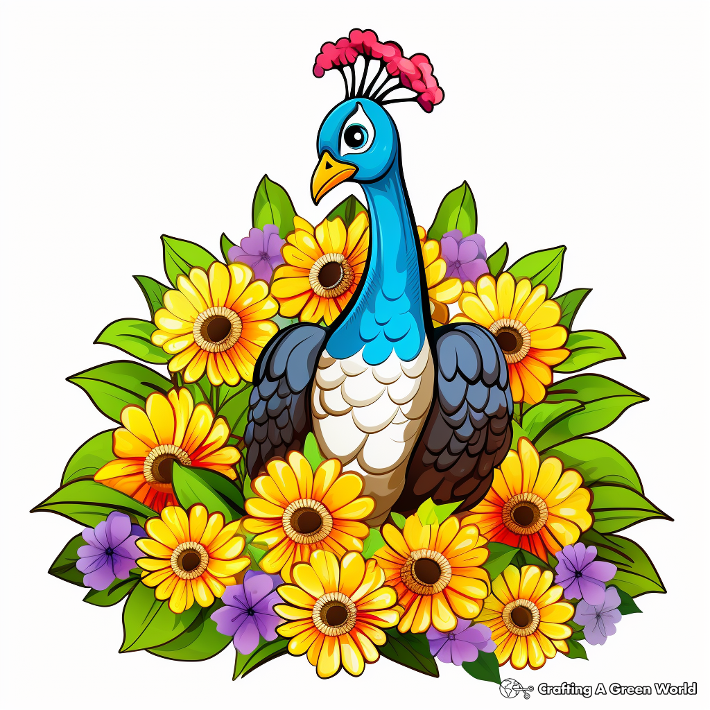 Country Style Peacock and Flowers Coloring Pages 2