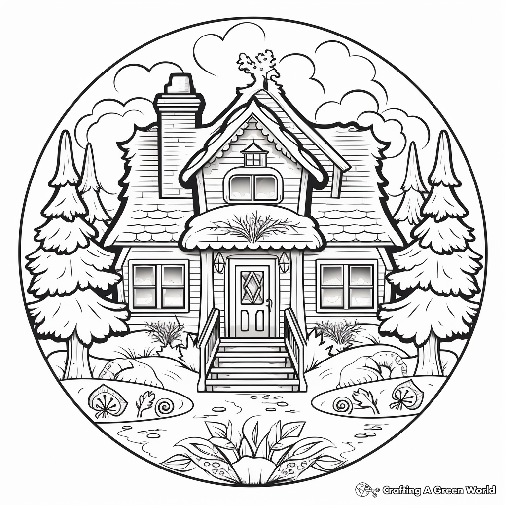 Cozy Winter Cabin Mandala Coloring Pages 1