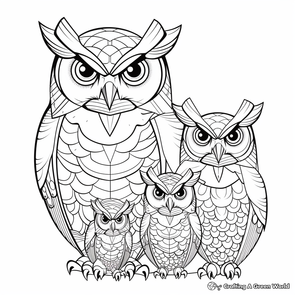 Creative Adult Coloring Pages: Hawk Owl Family 3