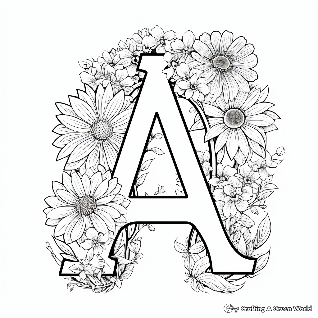 Creative Alphabet 'A' with Aster Flower Coloring Pages 1