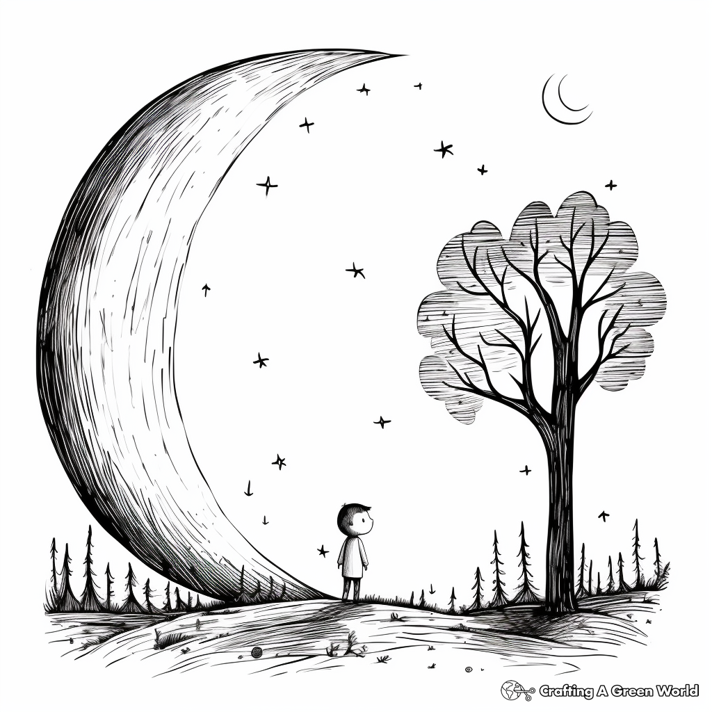 Crescent Moon in the Wild: Forest-Scene Coloring Pages 1