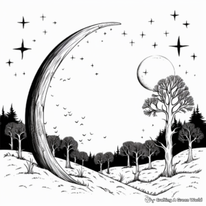 Crescent Moon in the Wild: Forest-Scene Coloring Pages 2