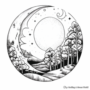 Crescent Moon in the Wild: Forest-Scene Coloring Pages 3
