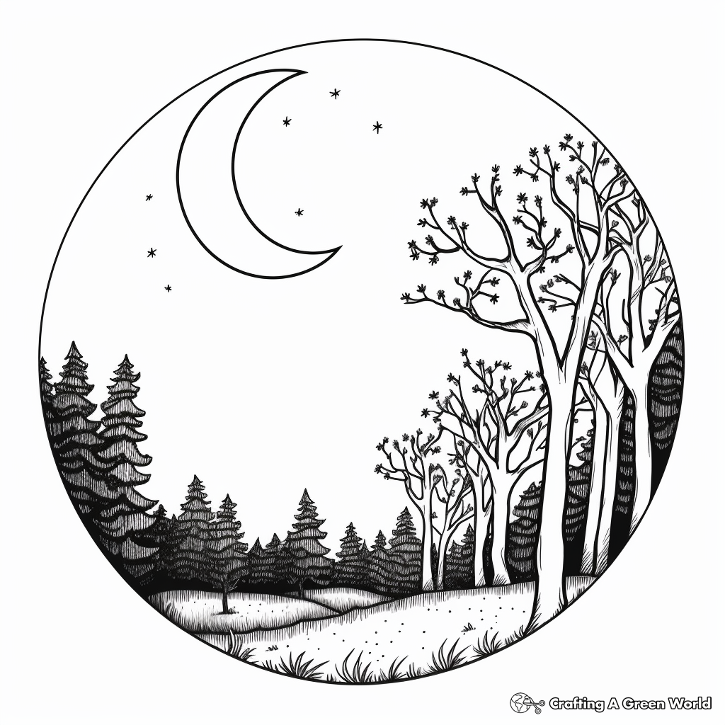 Crescent Moon in the Wild: Forest-Scene Coloring Pages 4