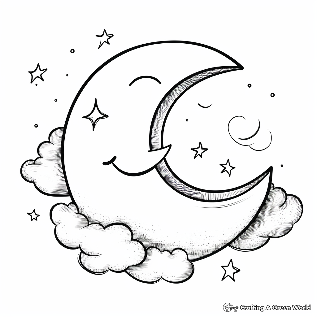 Crescent Moon with Clouds Coloring Pages for Adults 1