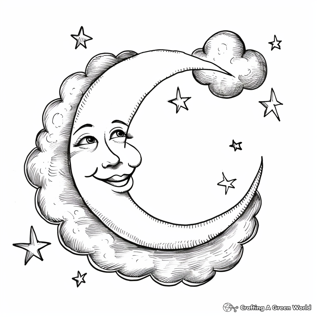 Crescent Moon with Clouds Coloring Pages for Adults 2