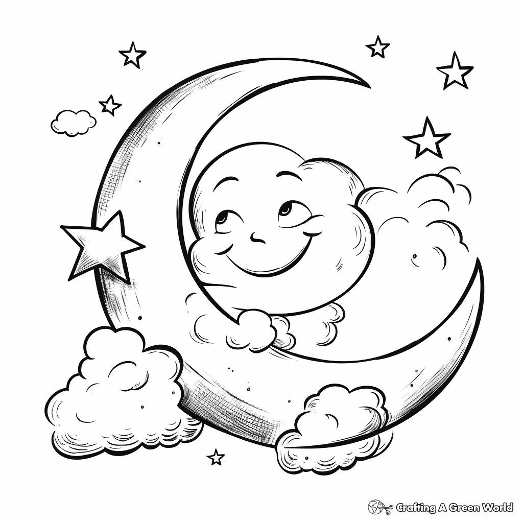Crescent Moon with Clouds Coloring Pages for Adults 4