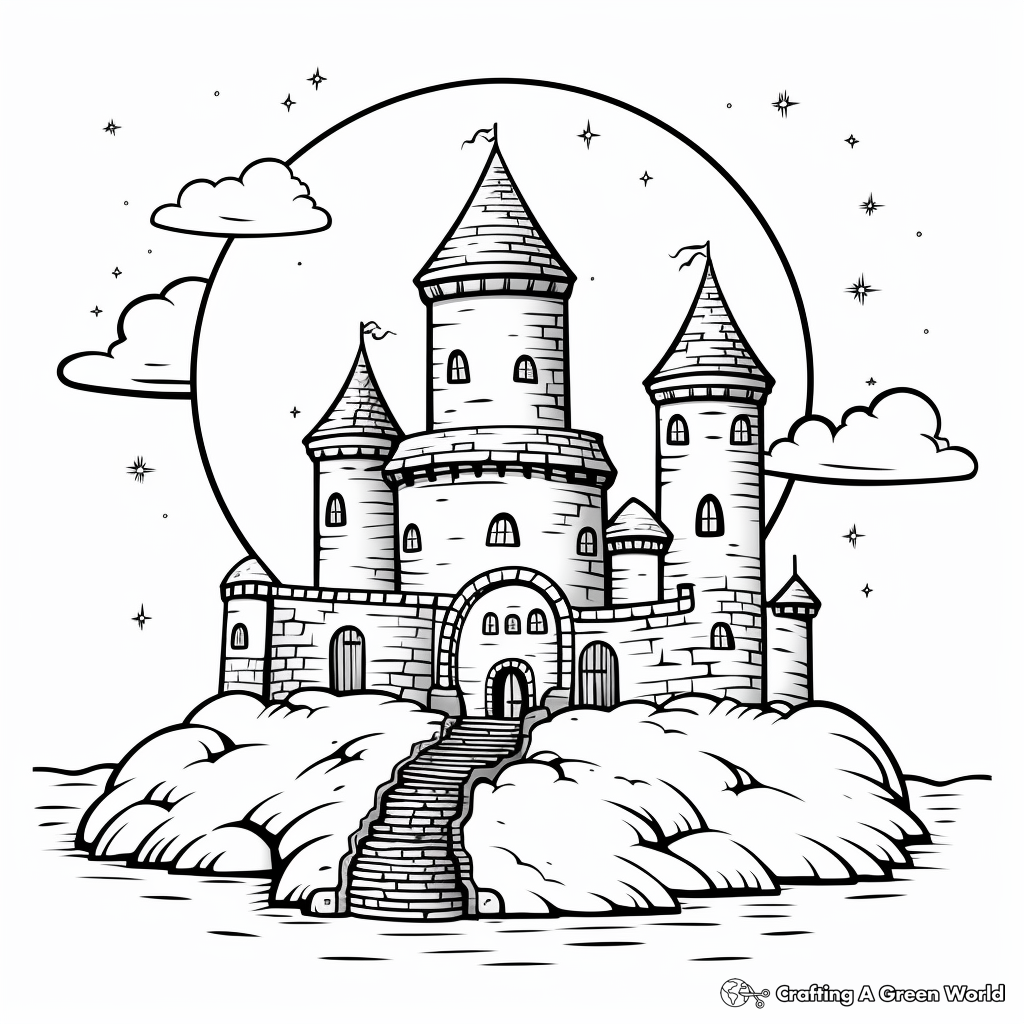 Crescent Moon with Fairy Tale Castle Coloring Pages 1