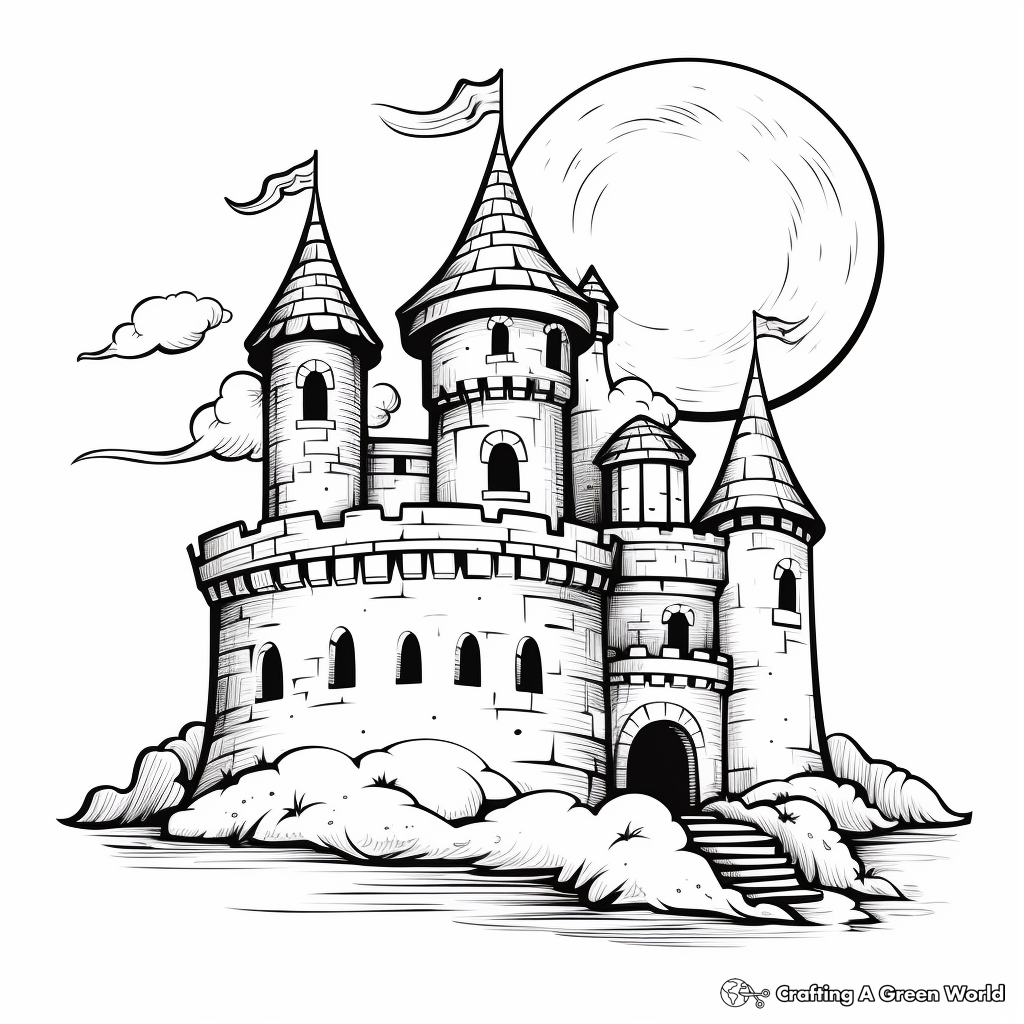 Crescent Moon with Fairy Tale Castle Coloring Pages 2