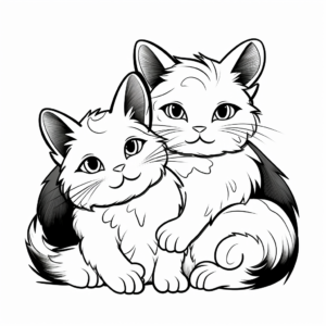Cuddling Pair of Calico Cats Coloring Page 1