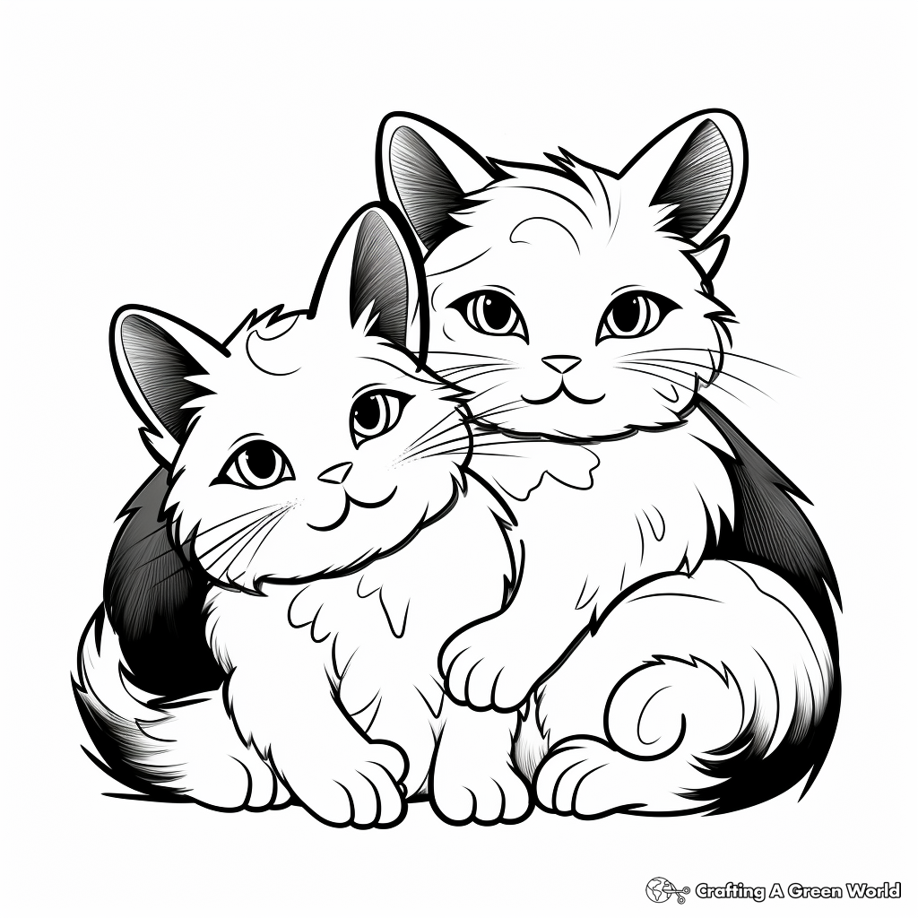 Cuddling Pair of Calico Cats Coloring Page 1