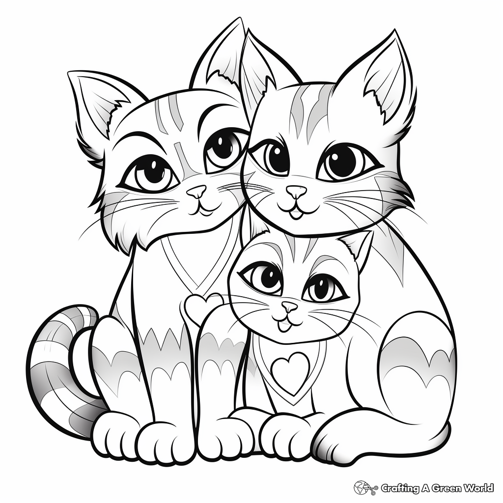 Cuddling Pair of Calico Cats Coloring Page 3