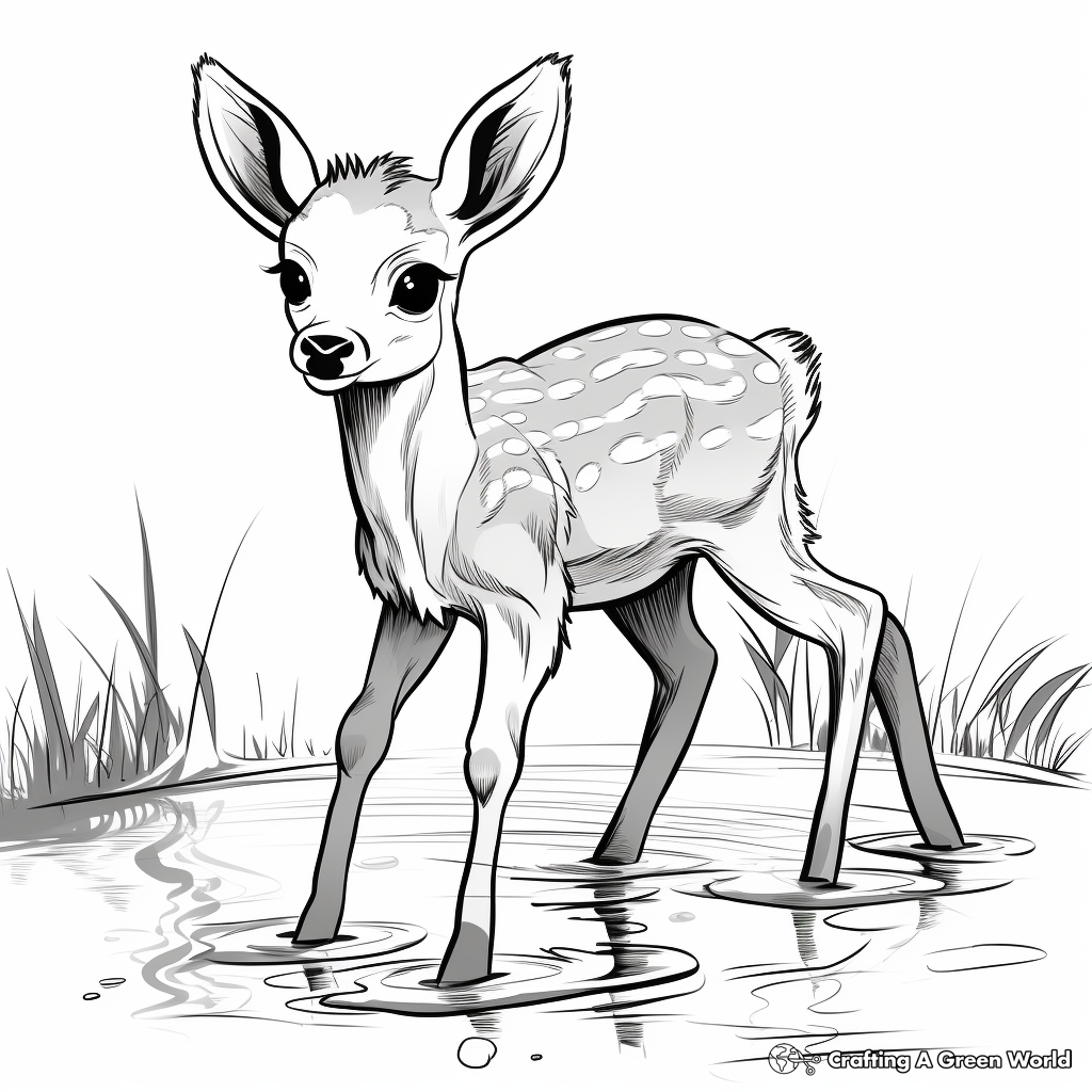 Cute Baby Deer Drinking Water Coloring Pages 1