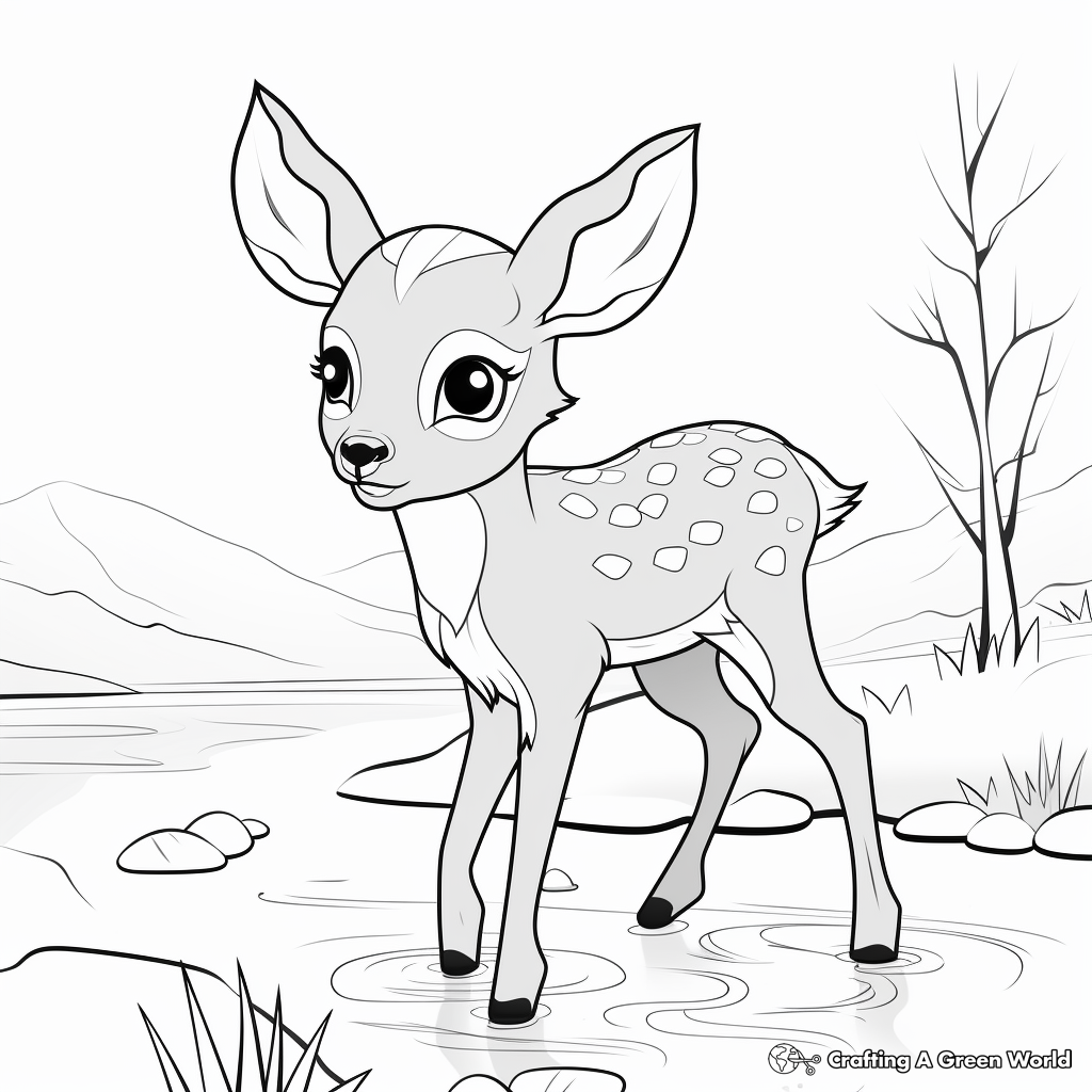 Cute Baby Deer Drinking Water Coloring Pages 4