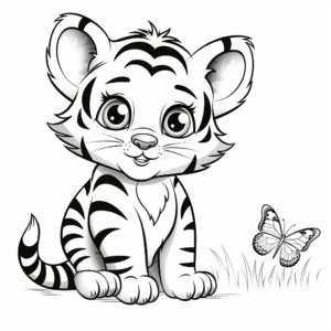 Cute Baby Tiger with Butterfly Coloring Pages 1