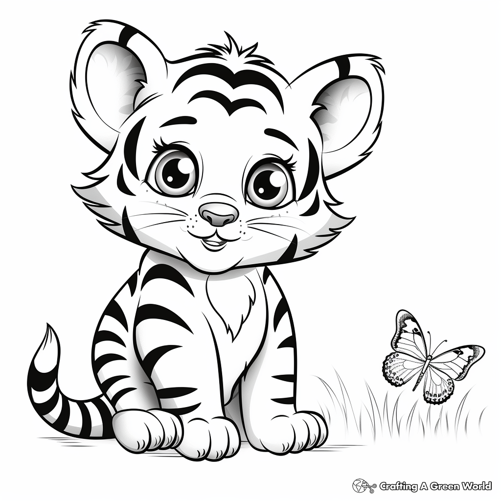 Cute Baby Tiger with Butterfly Coloring Pages 1