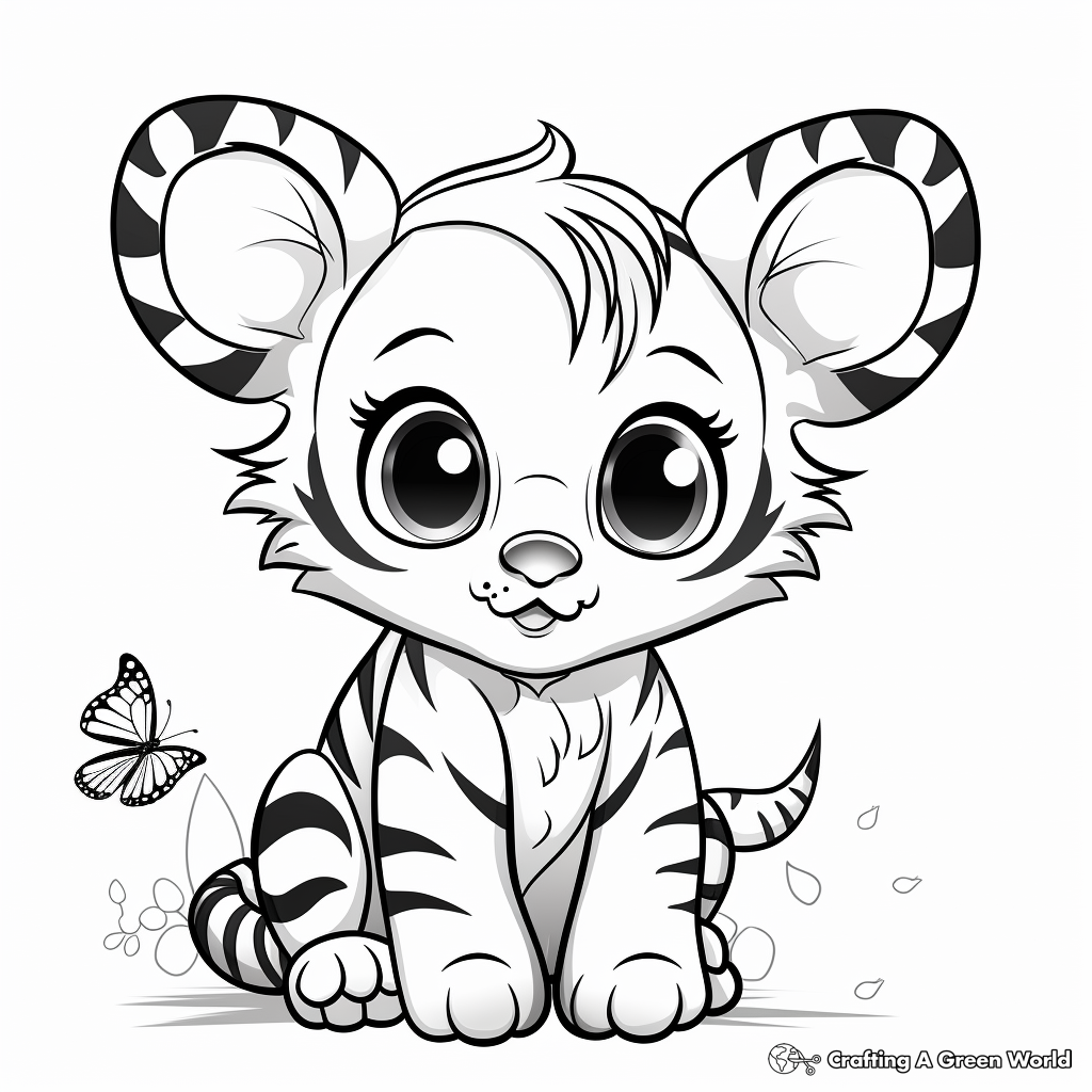 Cute Baby Tiger with Butterfly Coloring Pages 2