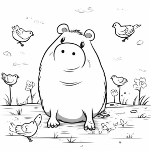 Cute Capybara and Birds Coloring Pages 2