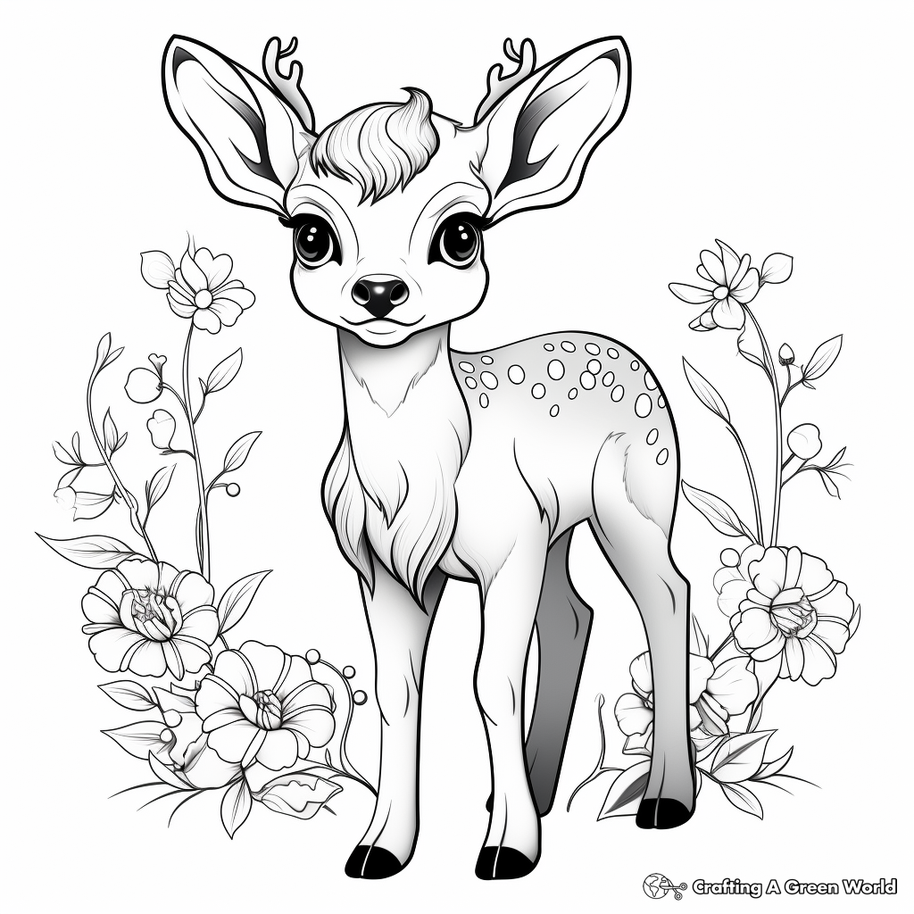 Cute Deer with Flowers Coloring Pages 2