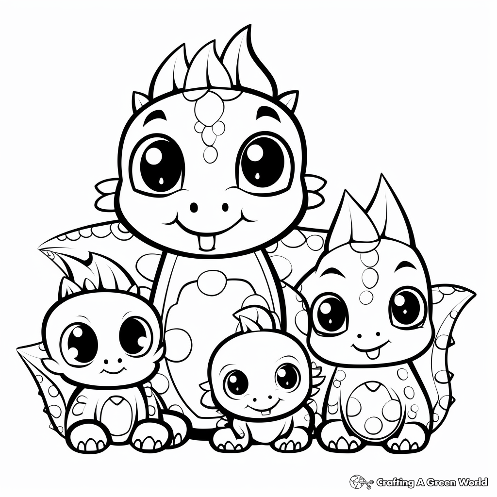 Cute Kawaii Dinosaur Family Coloring Pages 3