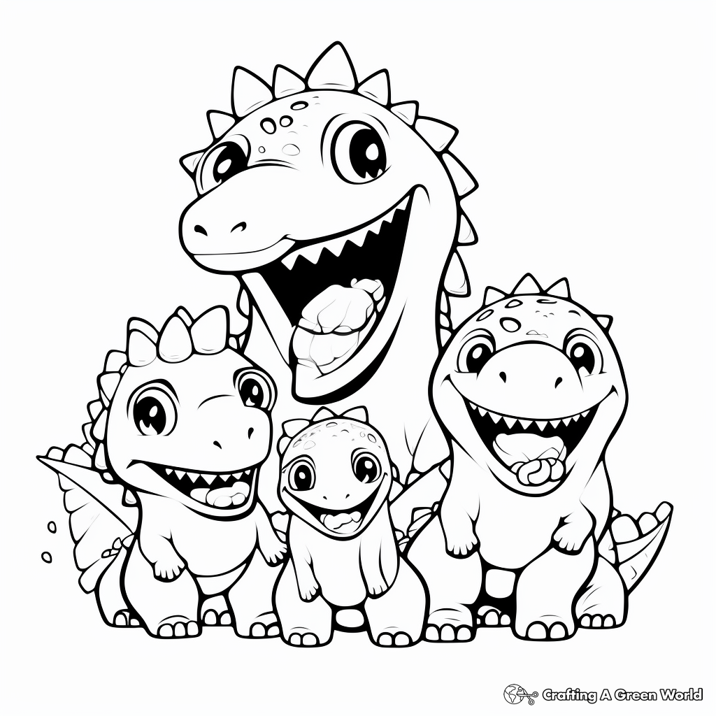 Cute Kawaii Dinosaur Family Coloring Pages 4
