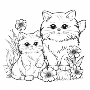 Cute Persian Cats and Daisy Flower Coloring Pages 2