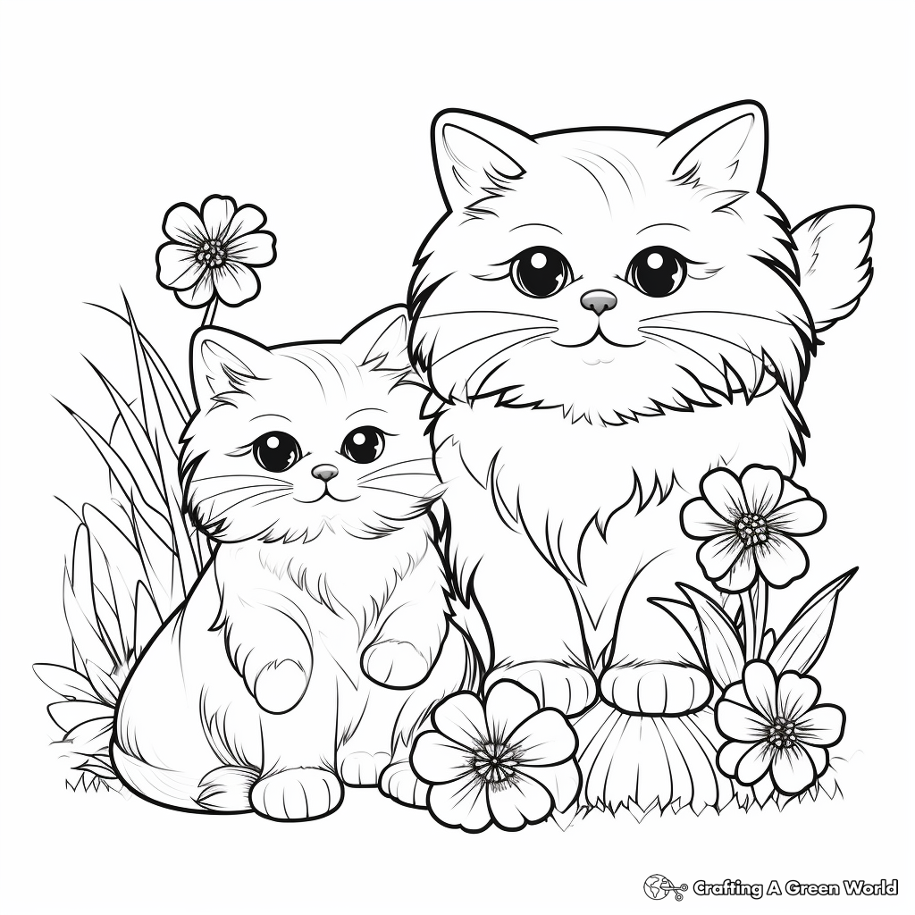 Cute Persian Cats and Daisy Flower Coloring Pages 2