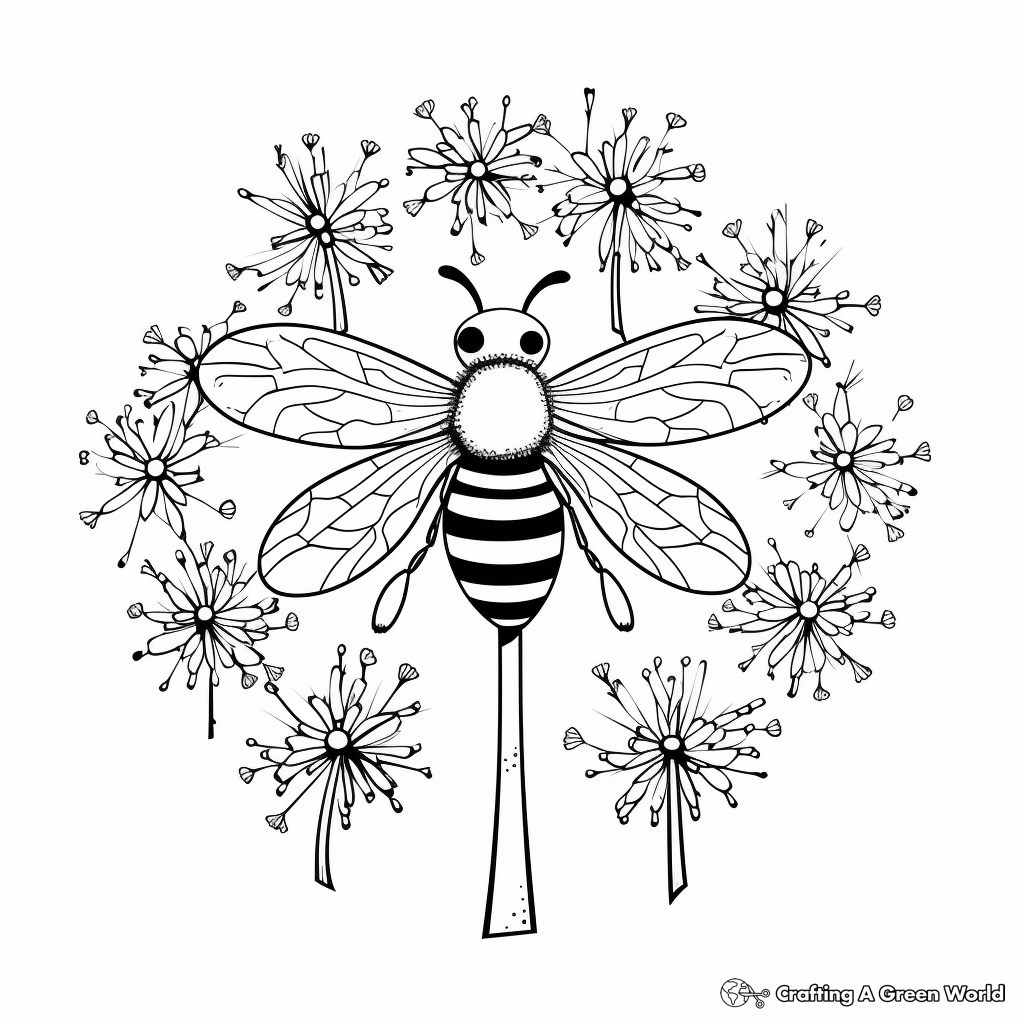 Dandelion with Insects Coloring Pages: Bees, Butterflies, and Beetles 4