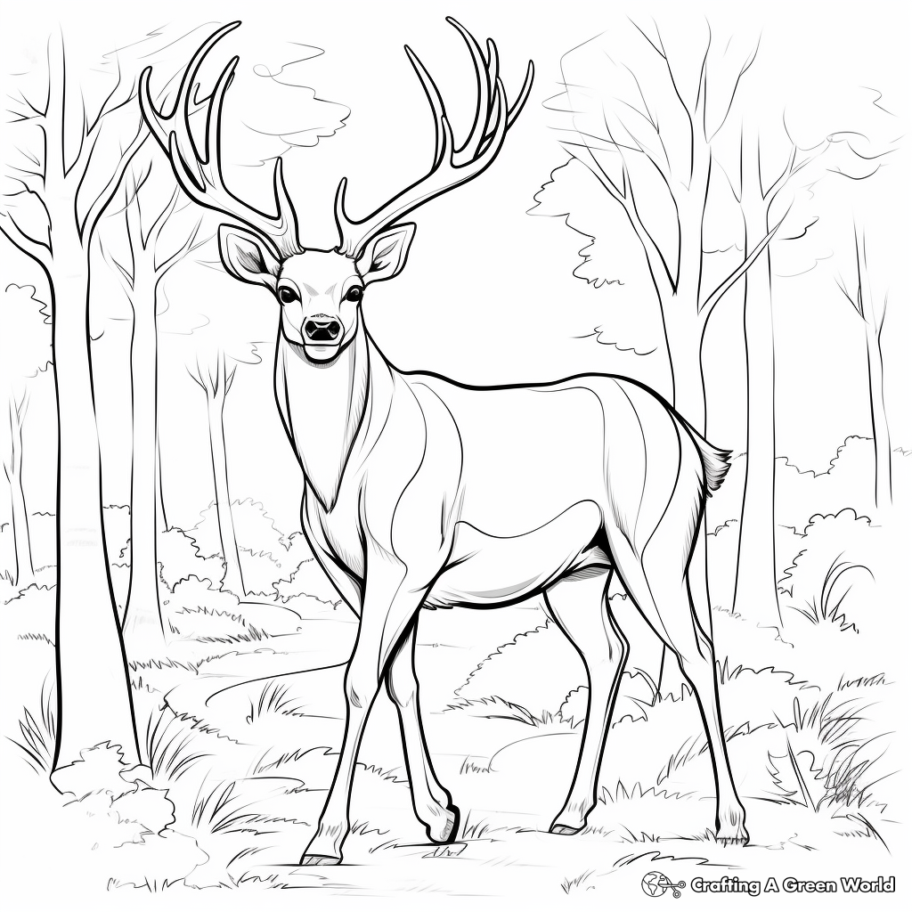 Deer Antler in the Wild: Forest-Scene Coloring Pages 1