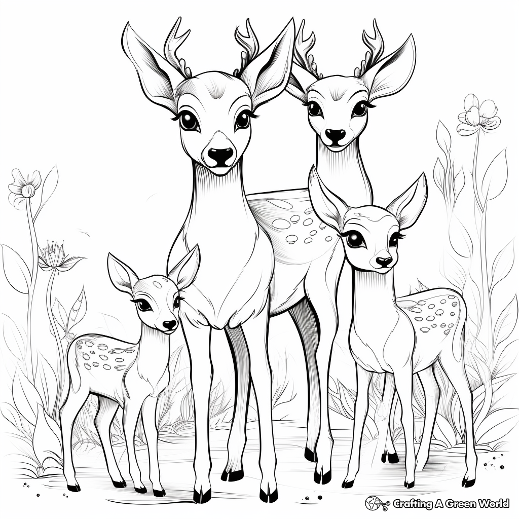 Deer Family: Mother, Father, and Fawns coloring Pages 2