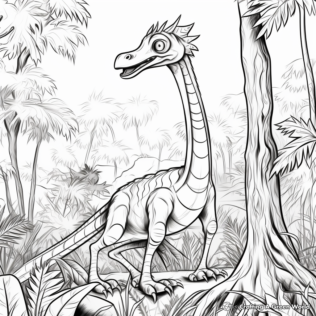 Deinonychus in the Jungle: Forest Scene Coloring Pages 1