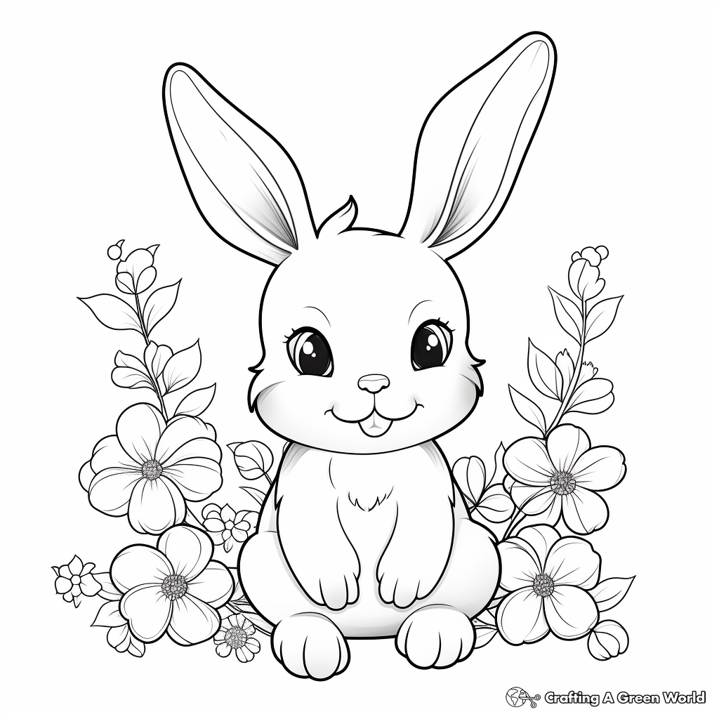Delicate Floral Kawaii Bunny Coloring Sheets 3